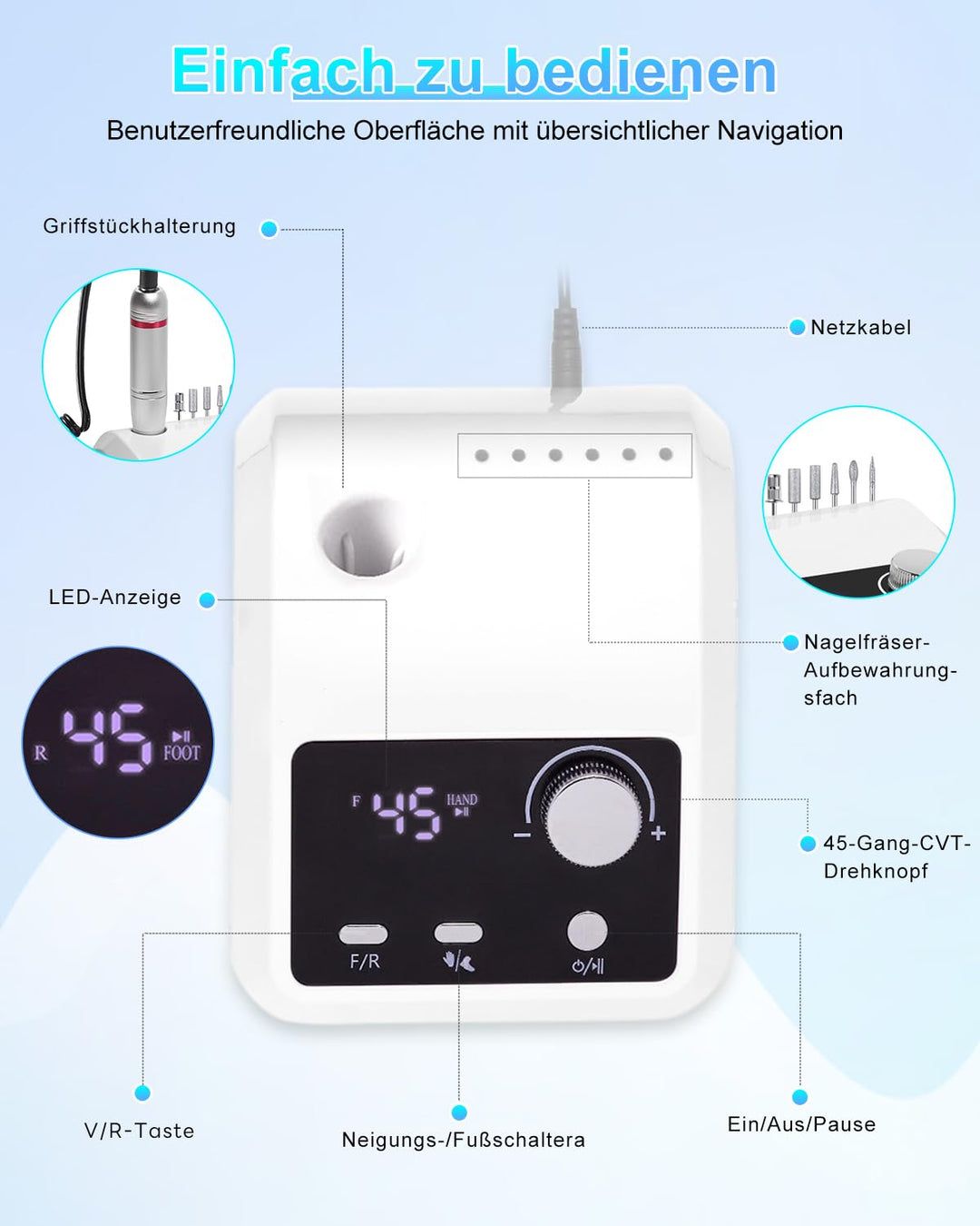 CozyZen Elektrische Nagelfräser Professional: 45000 U/min Nagelpflege-Kit mit LCD-Display, Hand- & F
