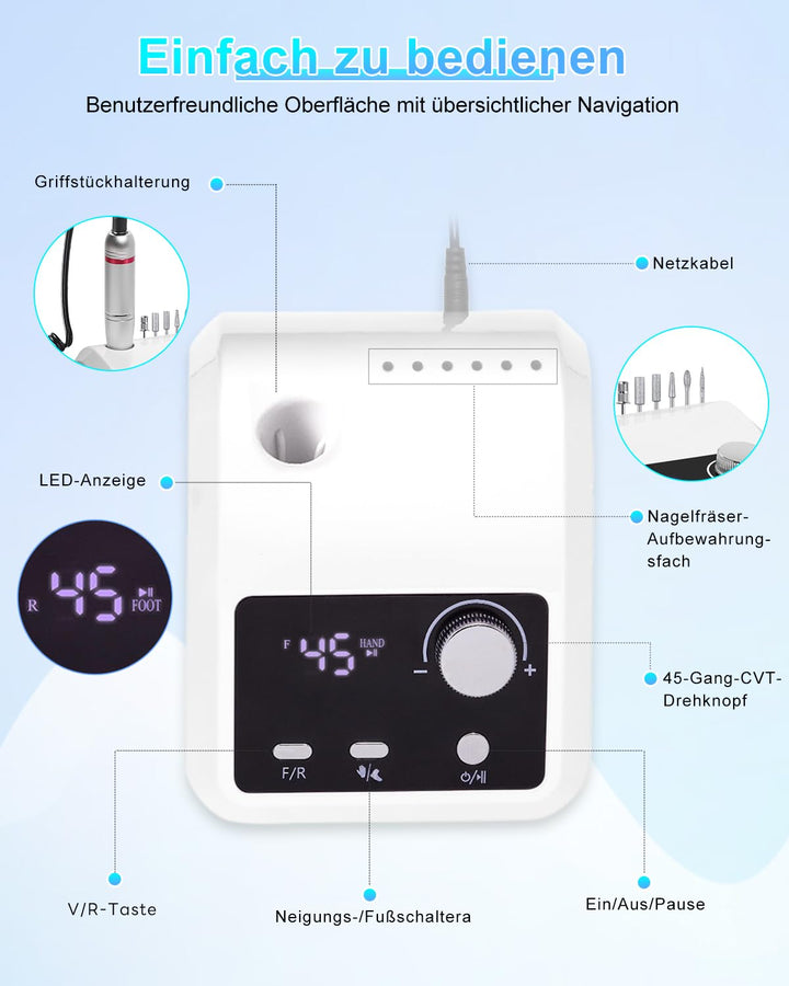 CozyZen Elektrische Nagelfräser Professional: 45000 U/min Nagelpflege-Kit mit LCD-Display, Hand- & F