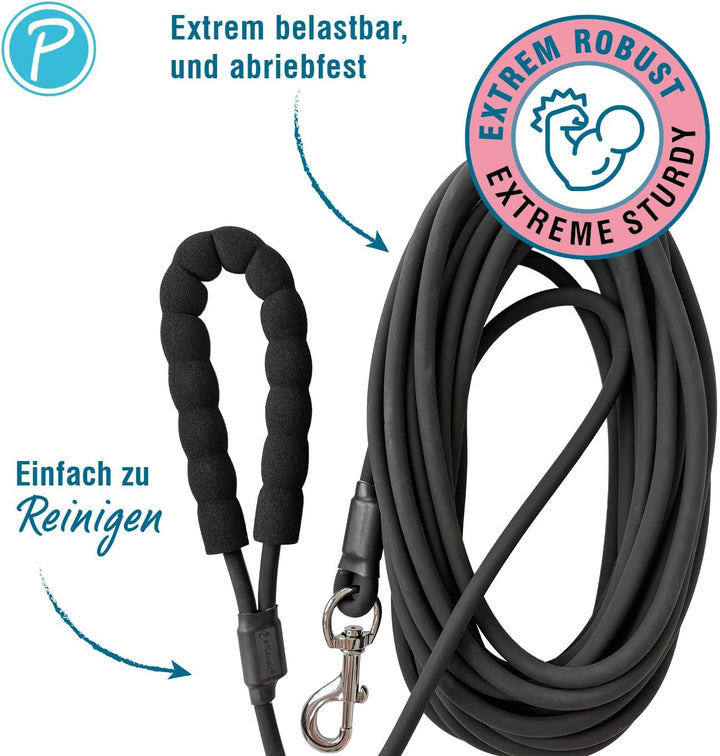 Petlando Hundeleine Trekking Rund 10 m Schwarz mit Griff, Schleppleine extrem robust & Abriebfest, p