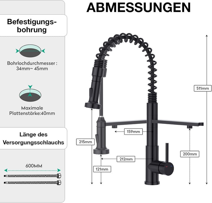 CREA 3 Wege Spiralfeder Küchenarmatur, Trinkwasserhahn Küche mit Brause ausziehbar, Wasserhahn Armat