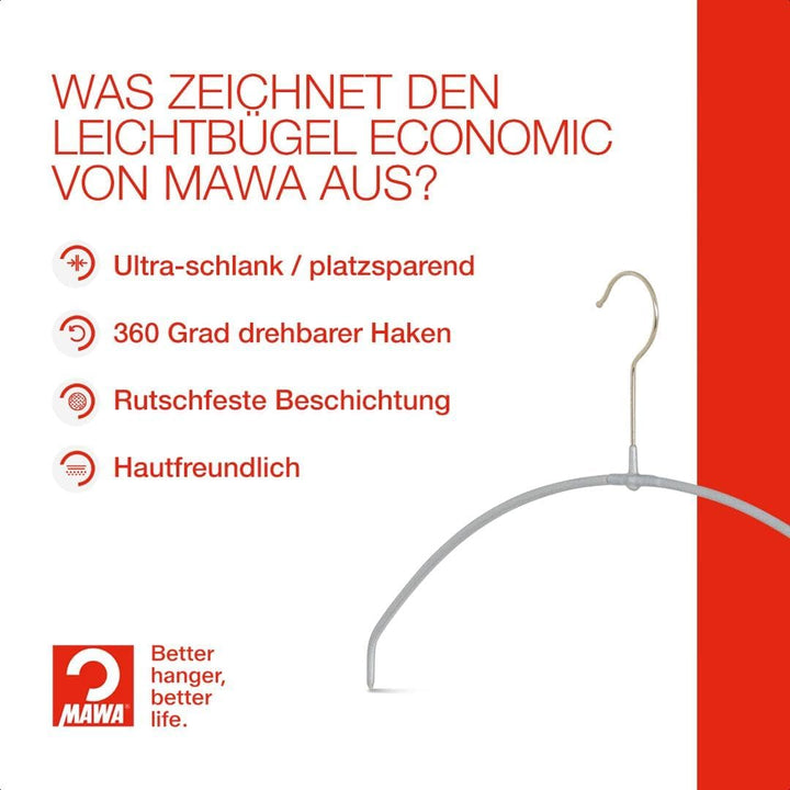 MAWA Kleiderbügel Light, Set mit 20 platzsparenden und rutschfesten Bügeln, ideal für T-Shirts, Tops