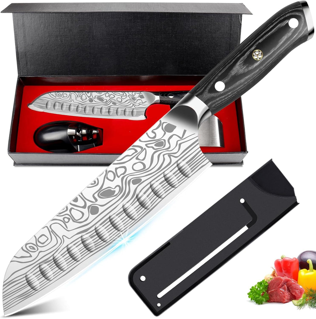 Santoku Messer 18 cm Japanisches Küchenmesser Chefmesser aus EN 1.4116 Edelstahl Scharfe Klinge mit