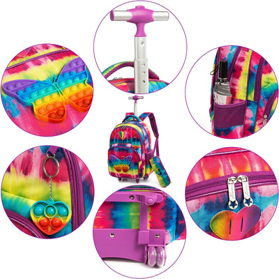 HTgroce Rollrucksack Schulranzen mit Rollen für Mädchen Pop it Rucksack Schulranzen Mädchen Set 3 in