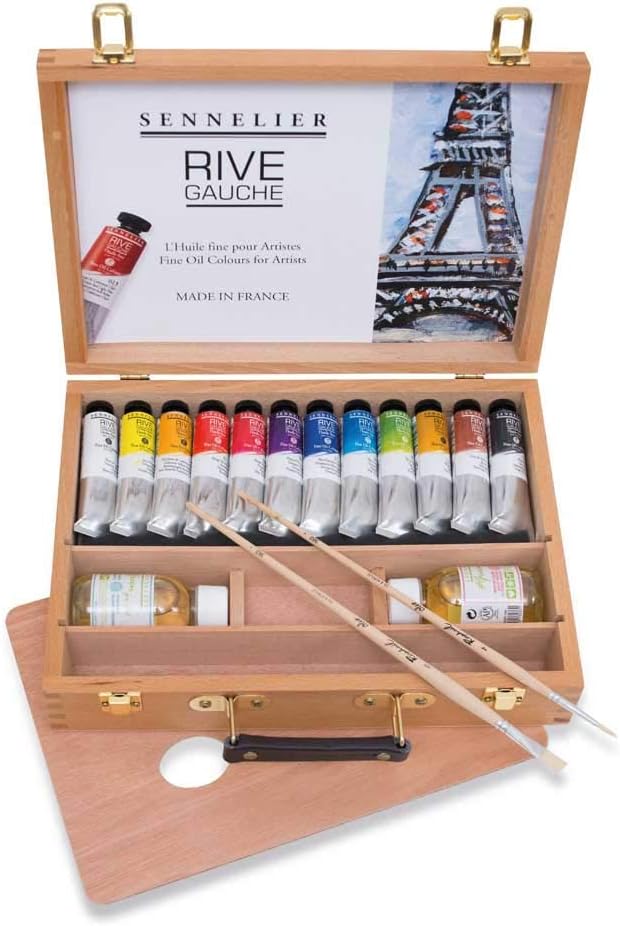 Sennelier Rive Gauche Oil Wooden Box Set by, Includes 12-40ml Tubes of Oil Color, 100ml Thinner, 100