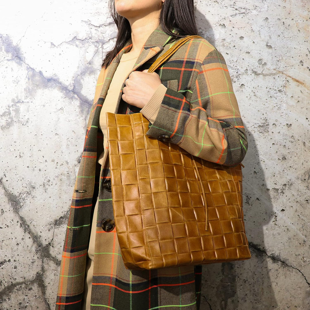 SH Leder ® Damen Echtleder Shopper in geflochtene print mit Innentasche in vielen Farben Schultertas