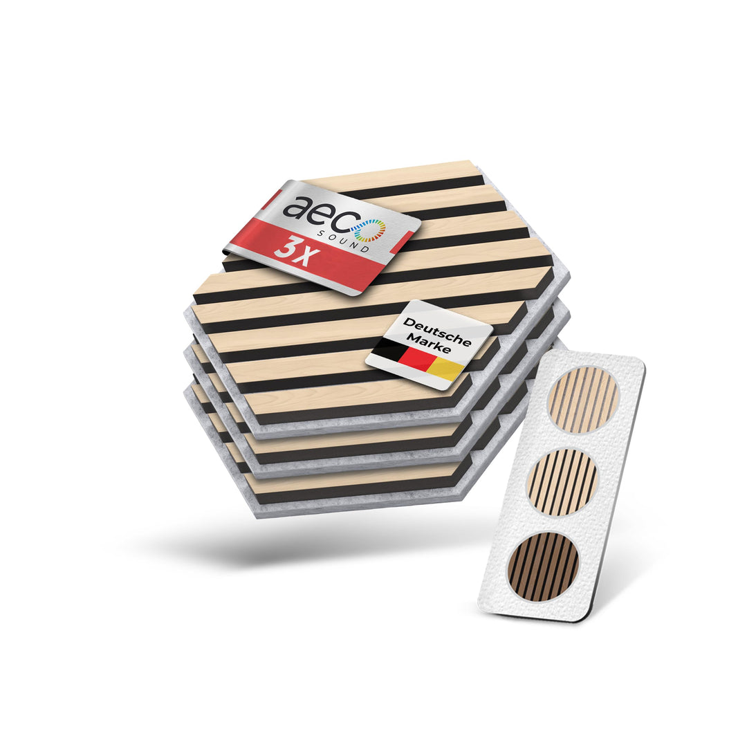 Akustikpaneele Holz selbstklebend – 3er-Set | Echtholz Eiche & Akustikfilz Grau | Hexagon 30x26cm –