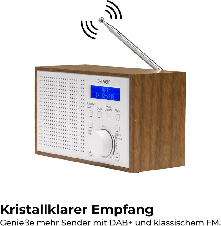 Denver DAB-46 DAB+ und UKW-Radio, Uhr und Wecker, 2 W Audio-Ausgang, Holz-Finish, Weiss, 1954043, We