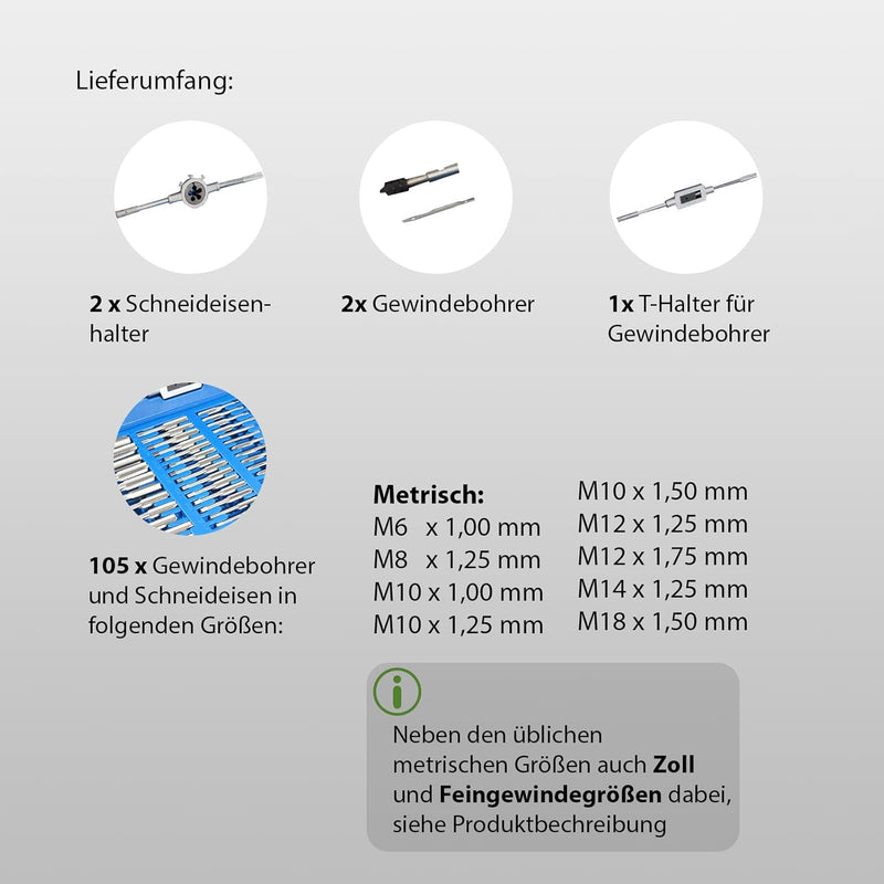 Gewindeschneidsatz 110 tlg zoll/metrisch M6 - M18 metrisch Gewindeschneider Gewindebohrer Schneidklu