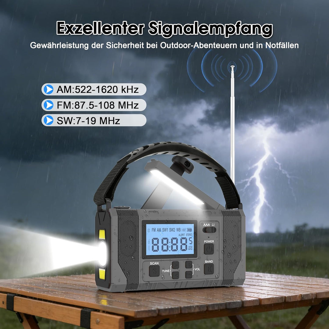 Notfall-Solar Radio, 10000mAh Notfall Kurbelradio, AM/FM Radio, Taschenlampe+ Leselicht, SOS-Alarm,