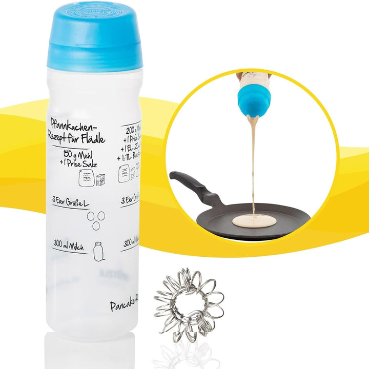 Pfannkuchen-Shaker (875ml, blau) einfach Teig machen und portionieren mit Rezeptaufdruck für Crêpes,