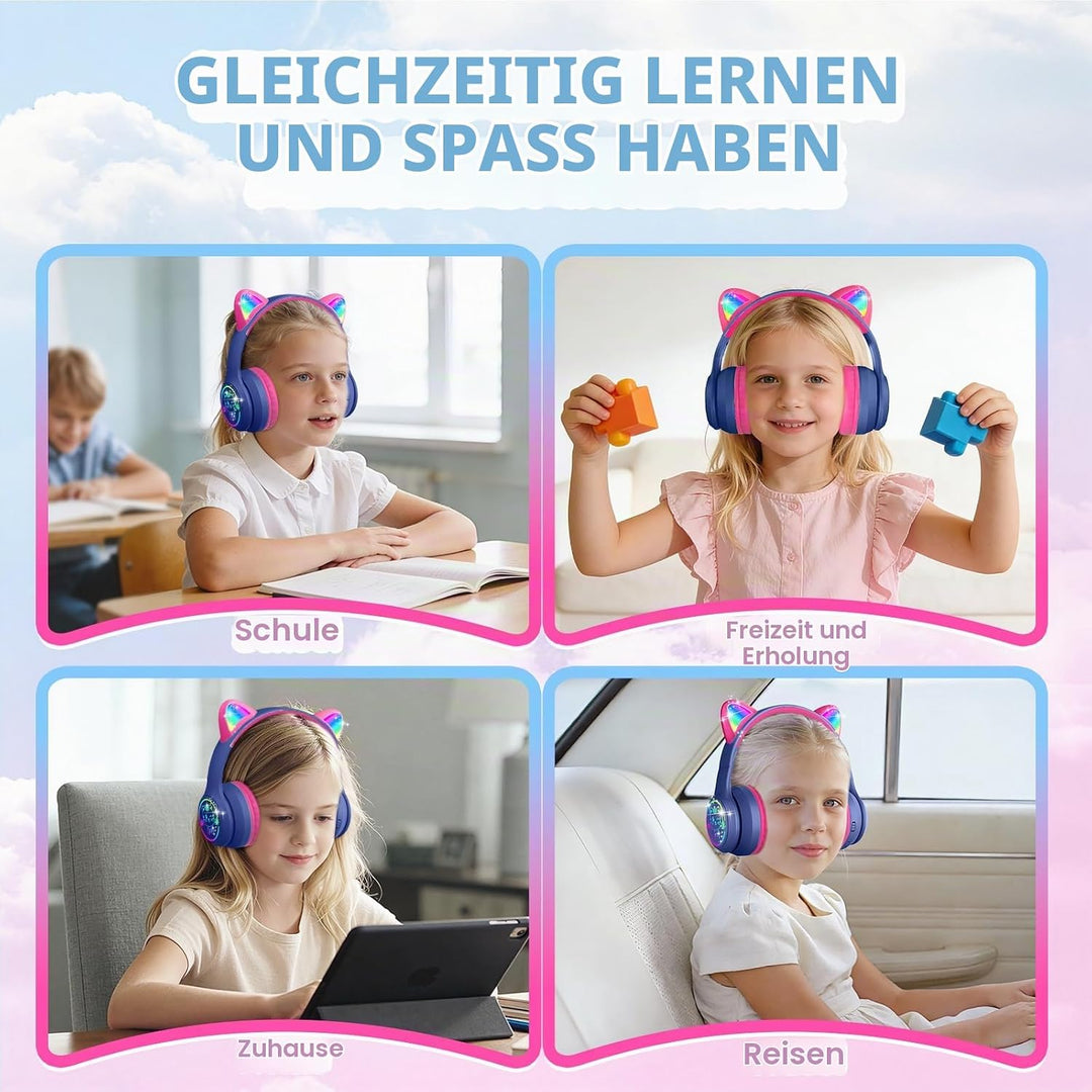 IFECCO Bluetooth Kopfhörer Kinder kabellos mit Aufbewahrungstasche, Kinderkopfhörer Over-Ear mit LED