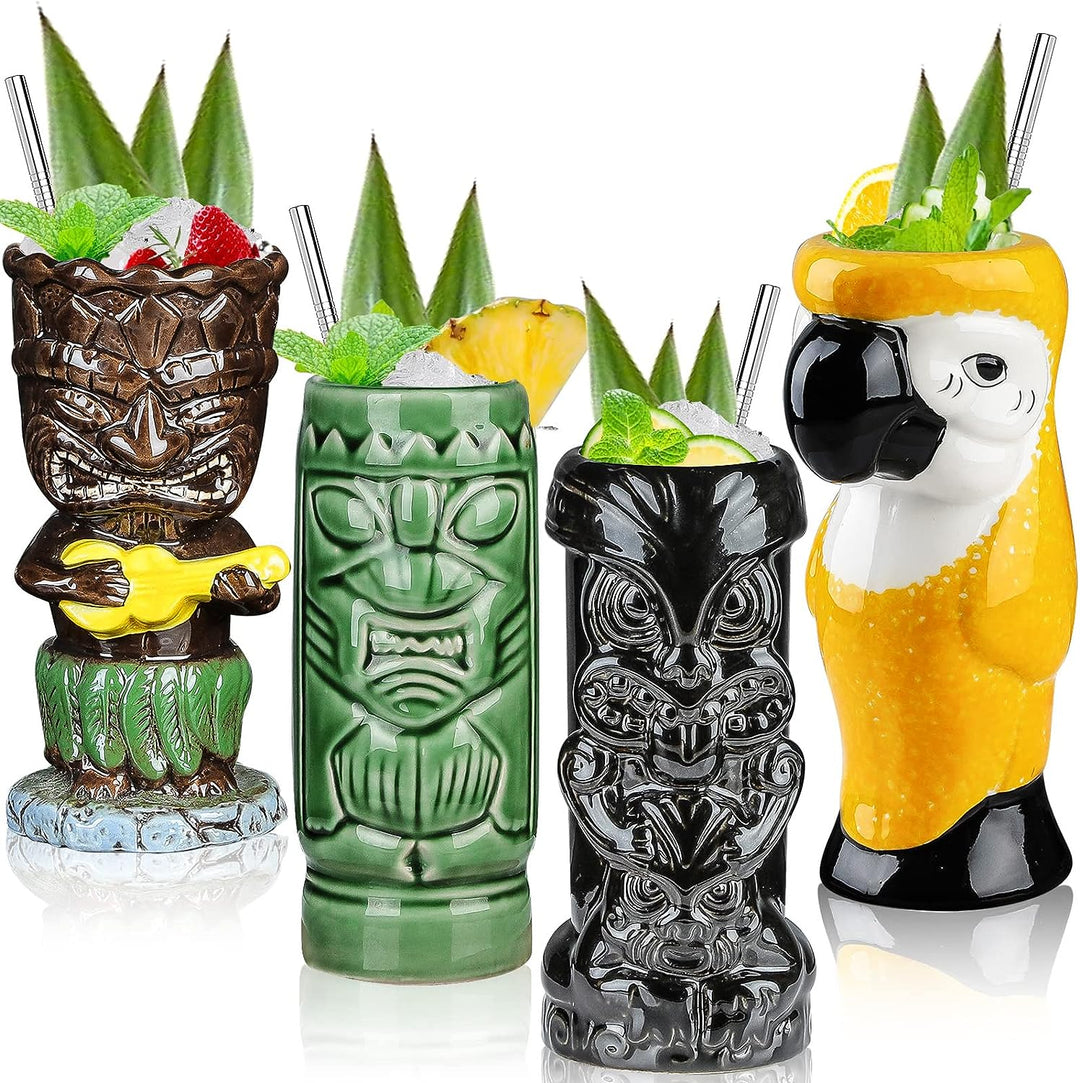 SuproBarware Tiki-Gläser für Cocktails, Tiki-Becher, 4er-Set, tropische Keramikbecher, hawaiianische