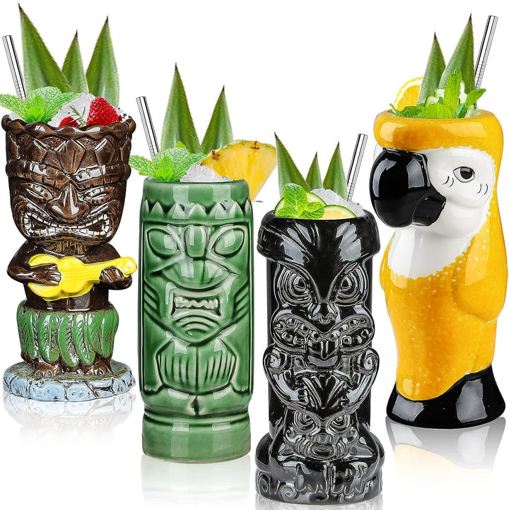 SuproBarware Tiki-Gläser für Cocktails, Tiki-Becher, 4er-Set, tropische Keramikbecher, hawaiianische