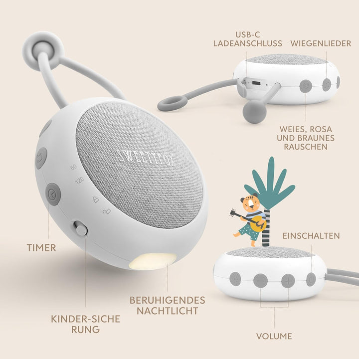 Sweety Fox White Noise Machine Baby - Weiss - Einschlafhilfe Babys, Wiegenlied Baby, Nachtlicht und