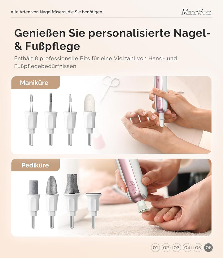 MelodySusie Professionelles Pediküre Set, PC760G 8 in 1 Elektrischer Nagelfräser mit 5 Geschwindigke