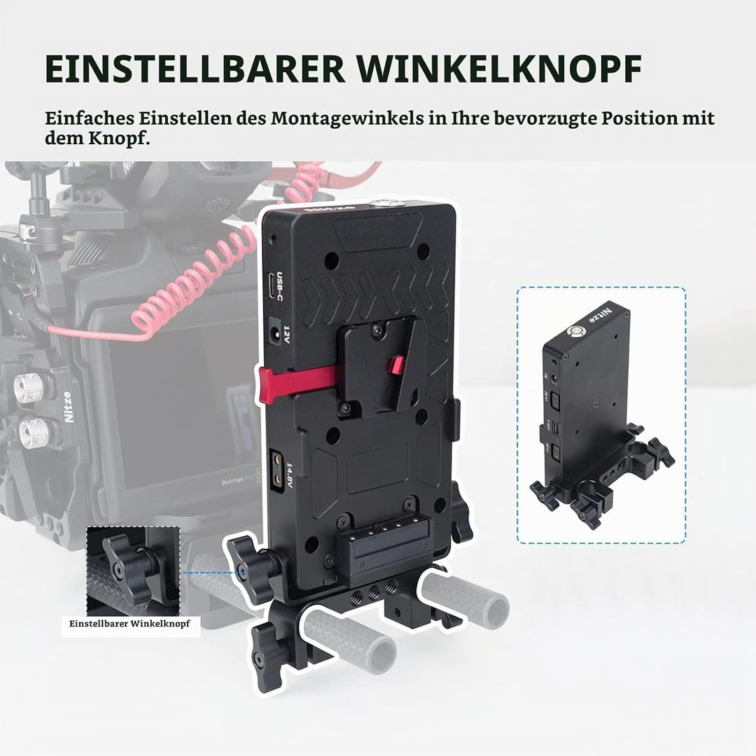 Nitze V Mount Battery Plate mit 15mm Stangenklemme, V Mount Batterieplatte mit USB-A/USB-C/D-Tap/DC-