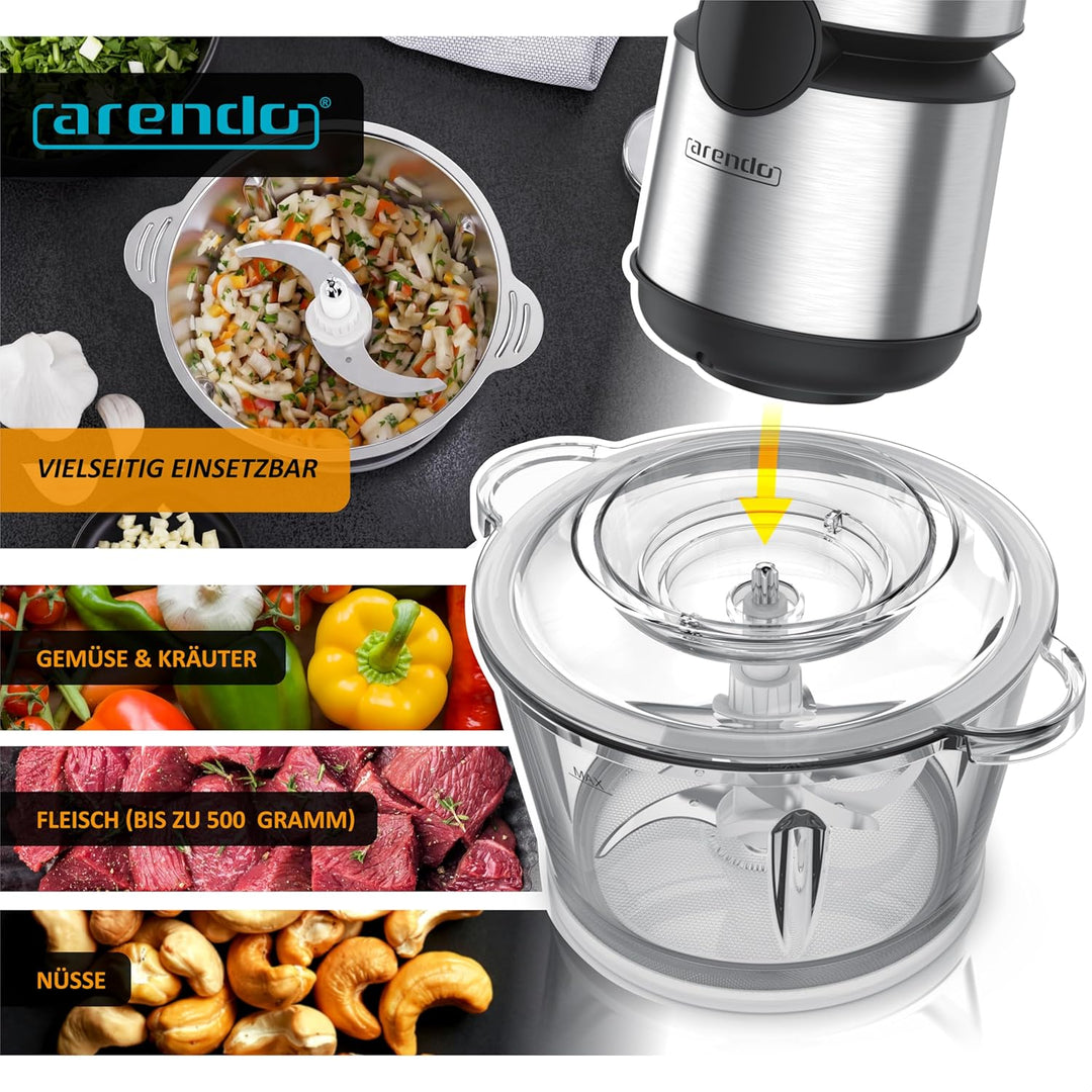 Arendo - Multi Zerkleinerer Küche elektrisch Edelstahl – extra starker 500 W Motor – 2 L Fassungsver