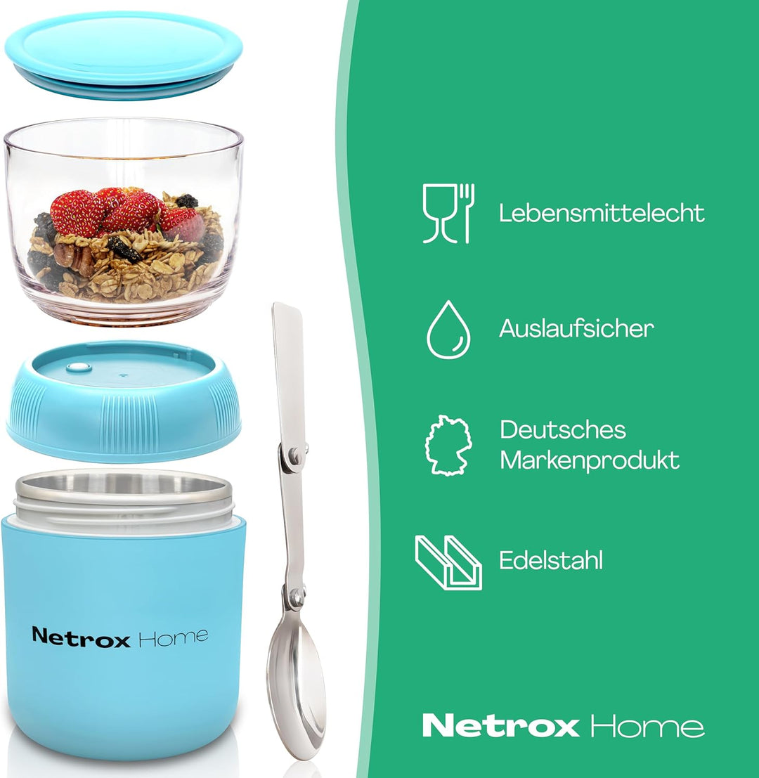 NetroxHome - Müslibecher To Go mit Löffel, Auslaufsicherer Joghurtbecher To Go aus Edelstahl, Lunchb