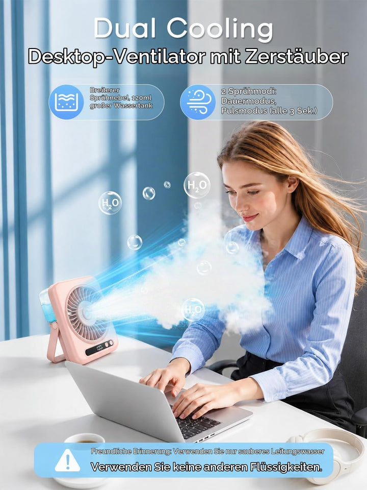 Mini Tischventilator mit Wasserkühlung &amp; LED-Anzeige (6000mAh) Rosa, Rosa