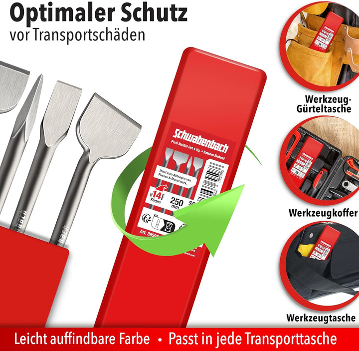 SCHWABENBACH® SDS Plus Meissel Set 4-tlg. 250 mm – Fliesenmeissel 50 mm, Flachmeissel 50 mm + 25 mm