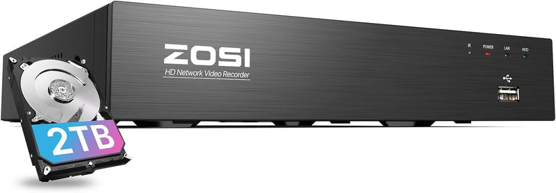 ZOSI 8CH 4K PoE NVR mit 2TB Festplatte, 8MP Videoüberwachung Recorder für 24/7 Aufnahme, Funktionier