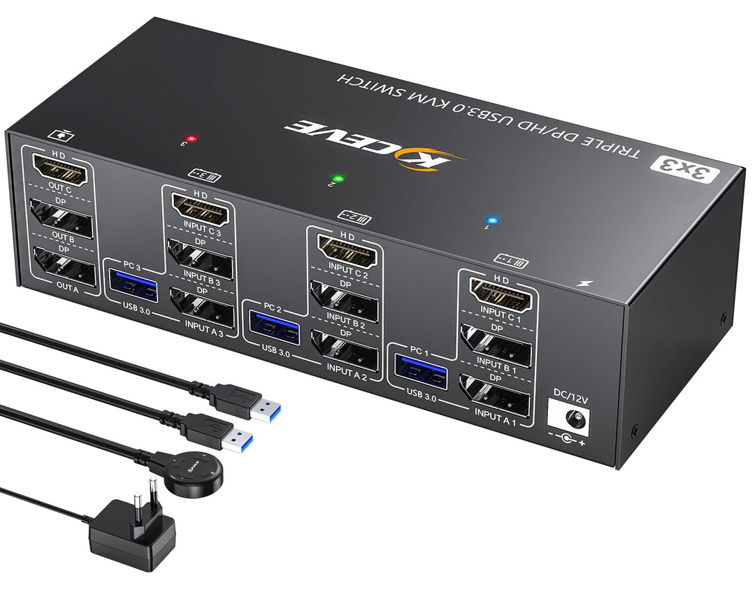 KVM Switch 3 PC 3 Monitore 8K@60Hz, 4K@144Hz, Triple Monitor KVM Switch 2 Displayport + 1 HDMI Teile