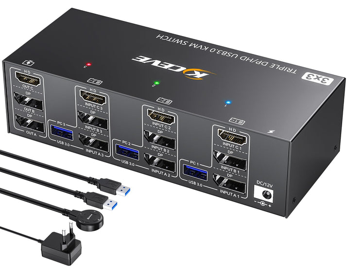 KVM Switch 3 PC 3 Monitore 8K@60Hz, 4K@144Hz, Triple Monitor KVM Switch 2 Displayport + 1 HDMI Teile