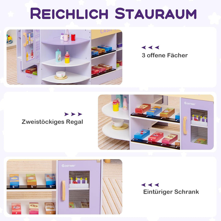 COSTWAY Kinder Kaufladen, Kaufmannsladen aus Holz mit Seitentheke, Supermarkt-Set mit Kasse, POS-Mas