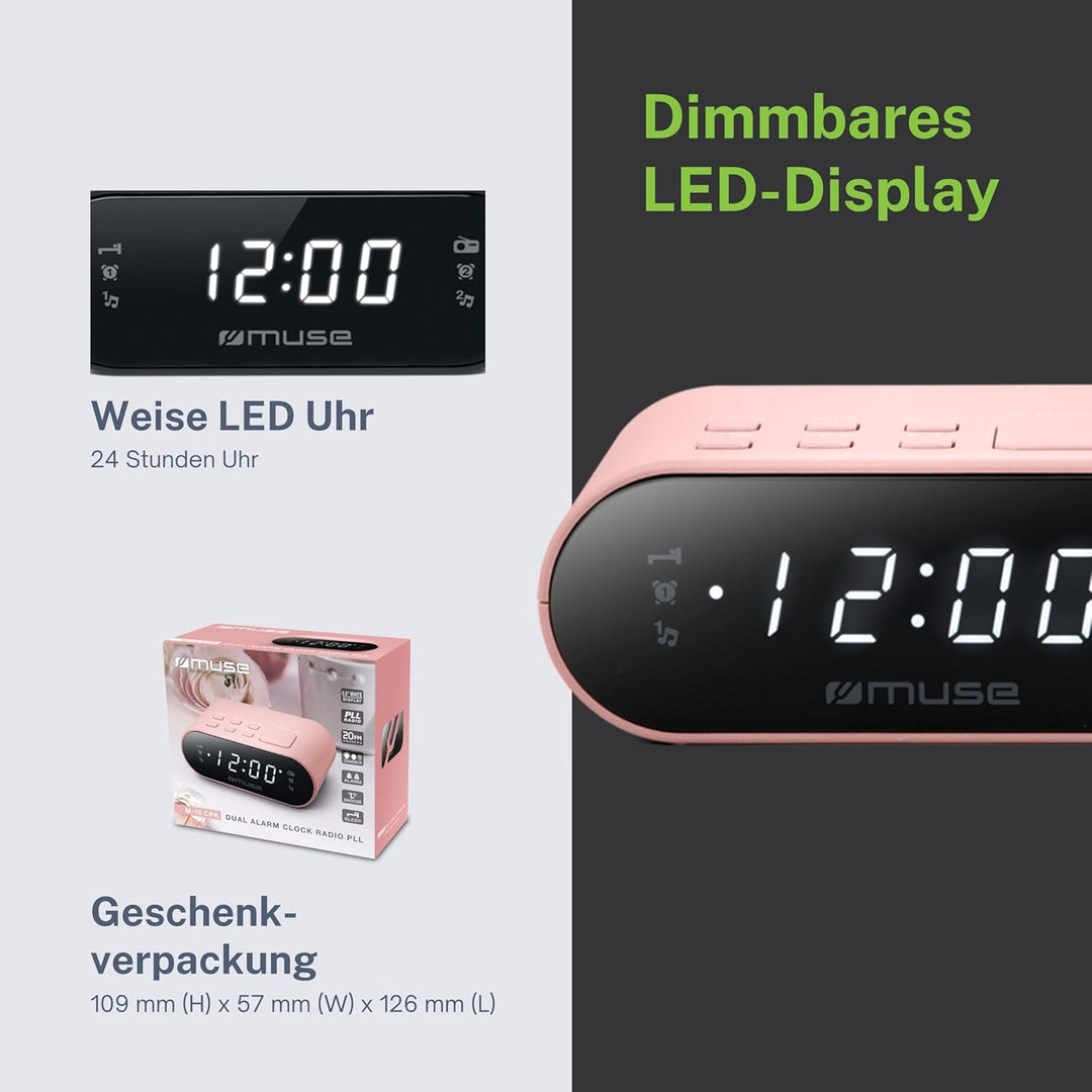 MUSE DUALER WECKER Radio PLL in Rosa, Handlicher UKW-PLL-Radio mit Dual-Alarm, LED Anzeige, 24-Stund