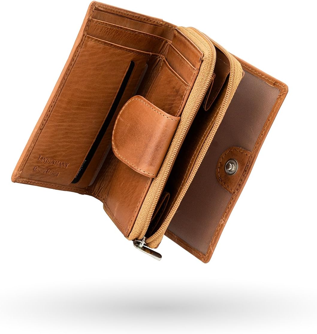 LINDENMANN Geldbeutel Damen/Damen Portemonnaie, Vollrindleder genarbt, cognac