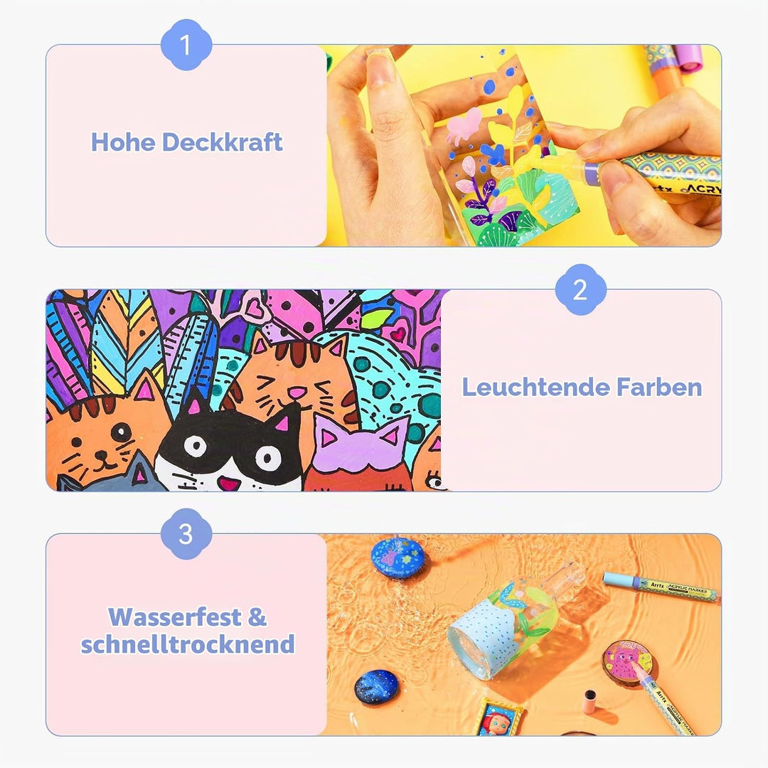 Arrtx 48 Farben Acrylstifte für Steine wasserfest, 3 mm Farbmarker mit mittlerer Spitze, Permanent A