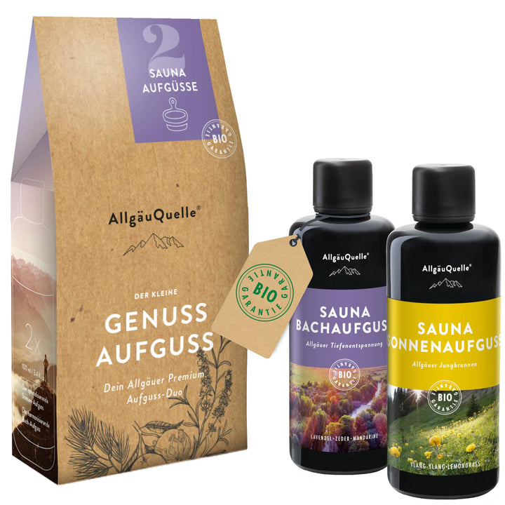 AllgäuQuelle® Saunaaufguss-Set Der kleine GENUSS AUFGUSS mit 100% BIO Sauna Aufgussmittel 2x100ml |