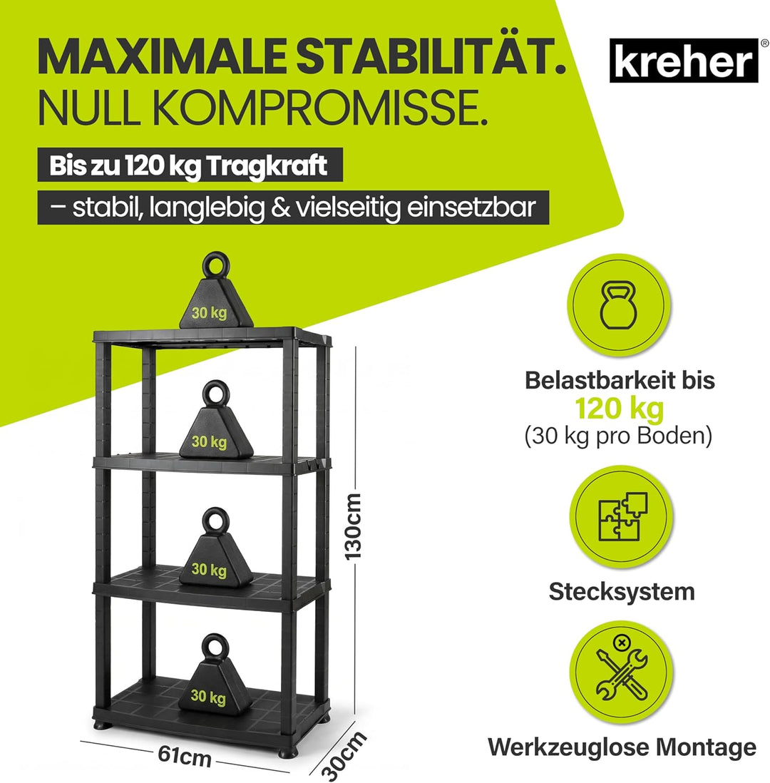 Kreher® Kunststoffregal „Neo“ mit 4 Böden - Steckregal für Haushalt, Keller & Garage - Standregal, L