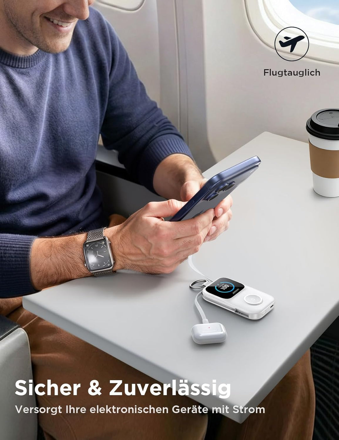 JOYROOM 5000mAh Mini Powerbank für Apple Watch 11 mit USB C Ladekabel,【LED-Display & Schlüsselanhäng