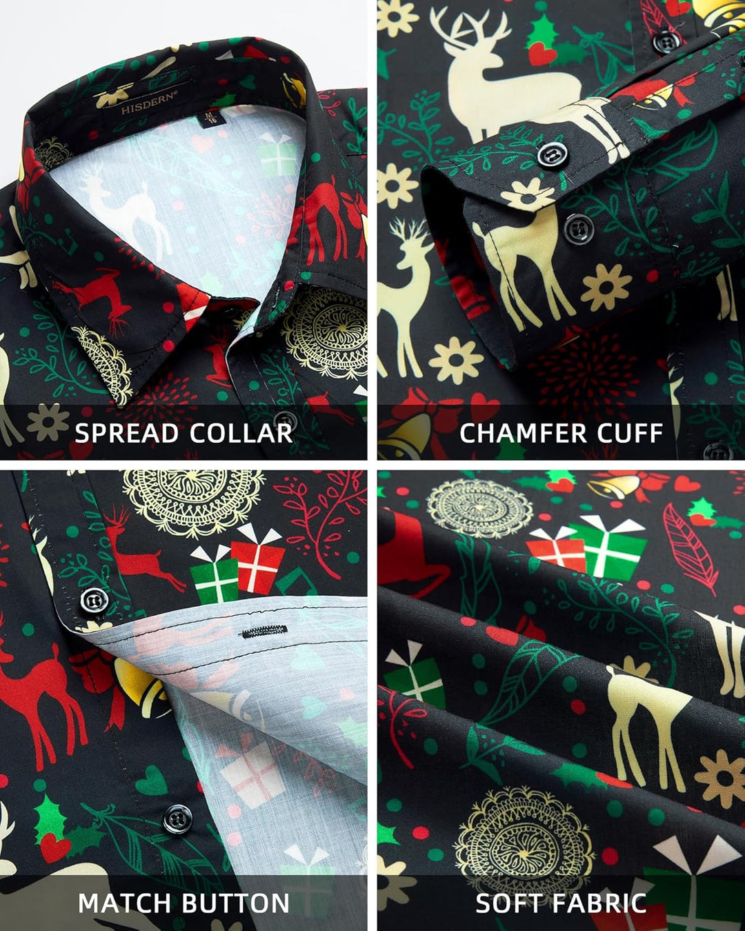 HISDERN Weihnachtshemden für Herren, langärmelig, Button-Down-Shirt, Urlaub, lustige Weihnachts-Shir