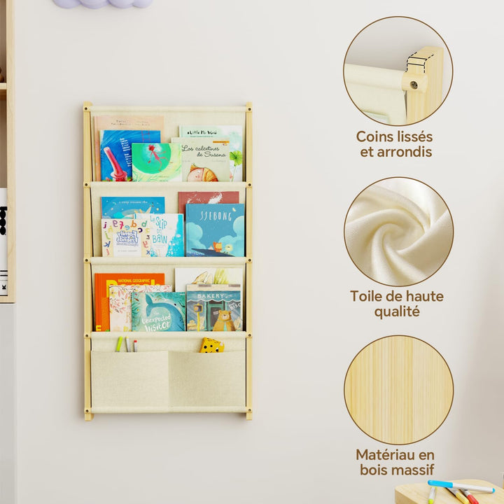 Bücherregal Kinder Wand Holz, mit 4 Lagige Taschen Wandregal Bücher Kinder, Montessori Bücherregal f