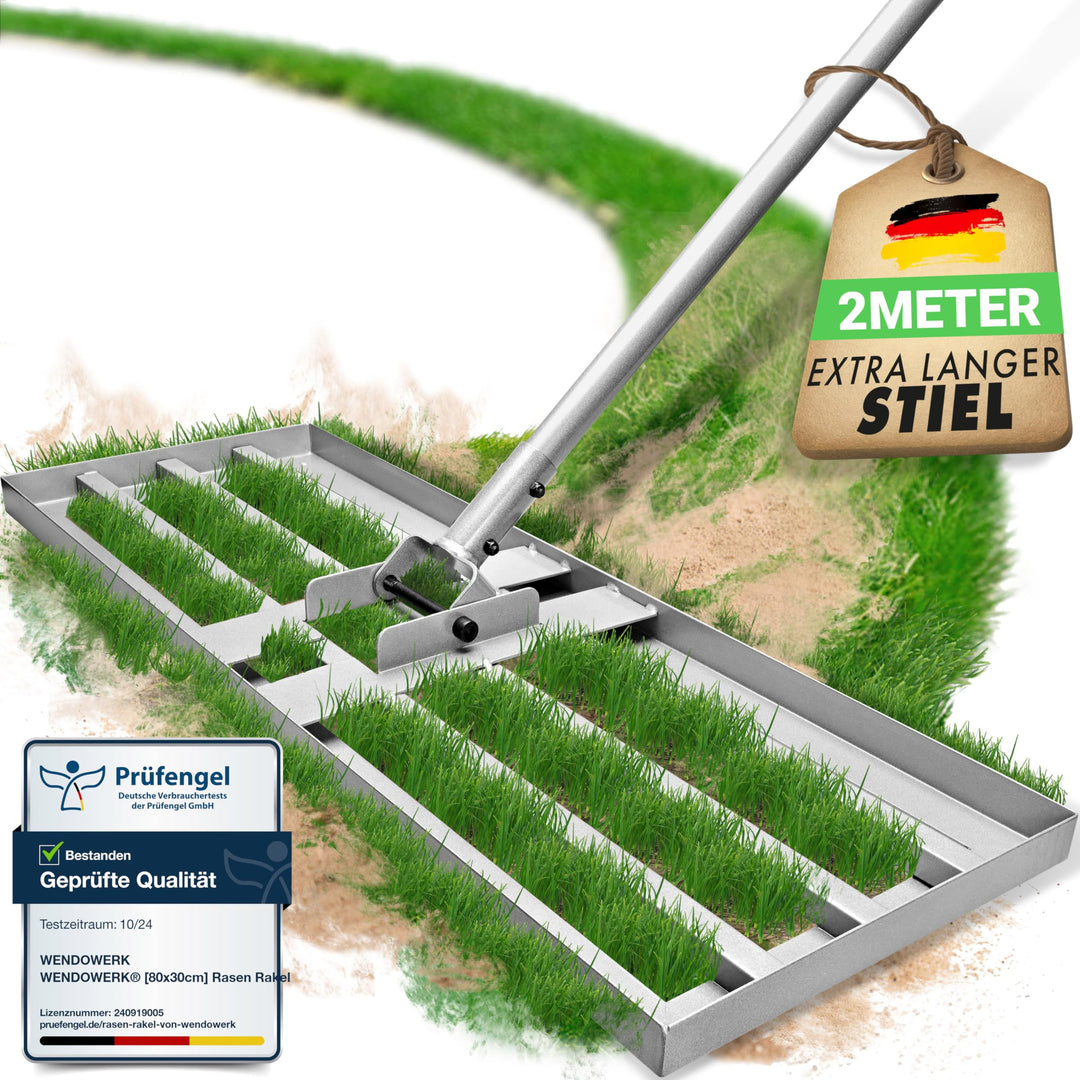 [80x30cm] Rasen Rakel mit extra langem Stiel [2 Meter] Inkl. Gartenhandschuhe - Handlicher Rasen Niv