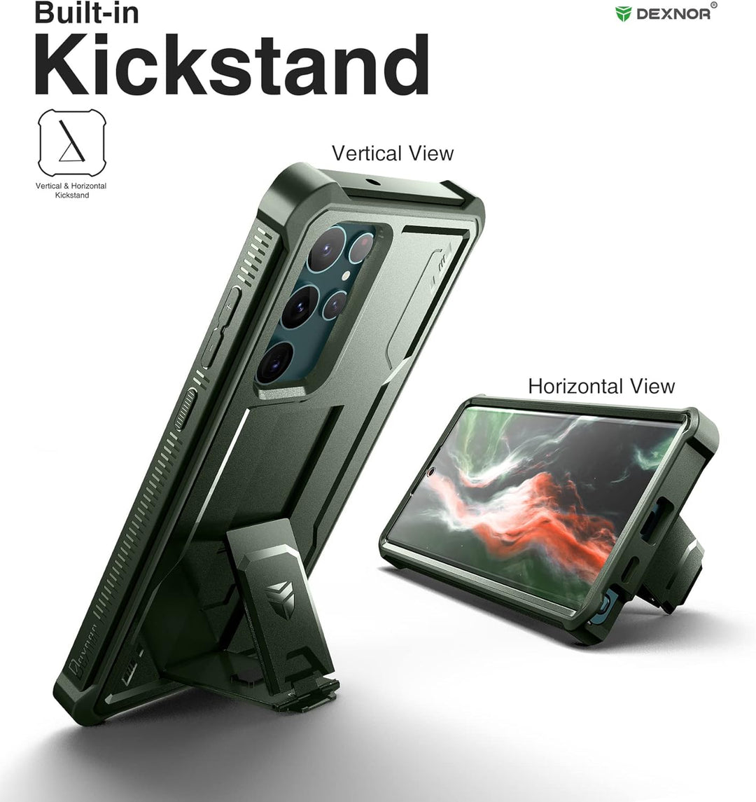 Dexnor Kompatibel mit Hülle Samsung Galaxy S22 Ultra【Doppelter Frontrahmen & Ständer】, Stossdämpfer