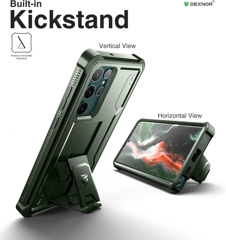 Dexnor Kompatibel mit Hülle Samsung Galaxy S22 Ultra【Doppelter Frontrahmen & Ständer】, Stossdämpfer