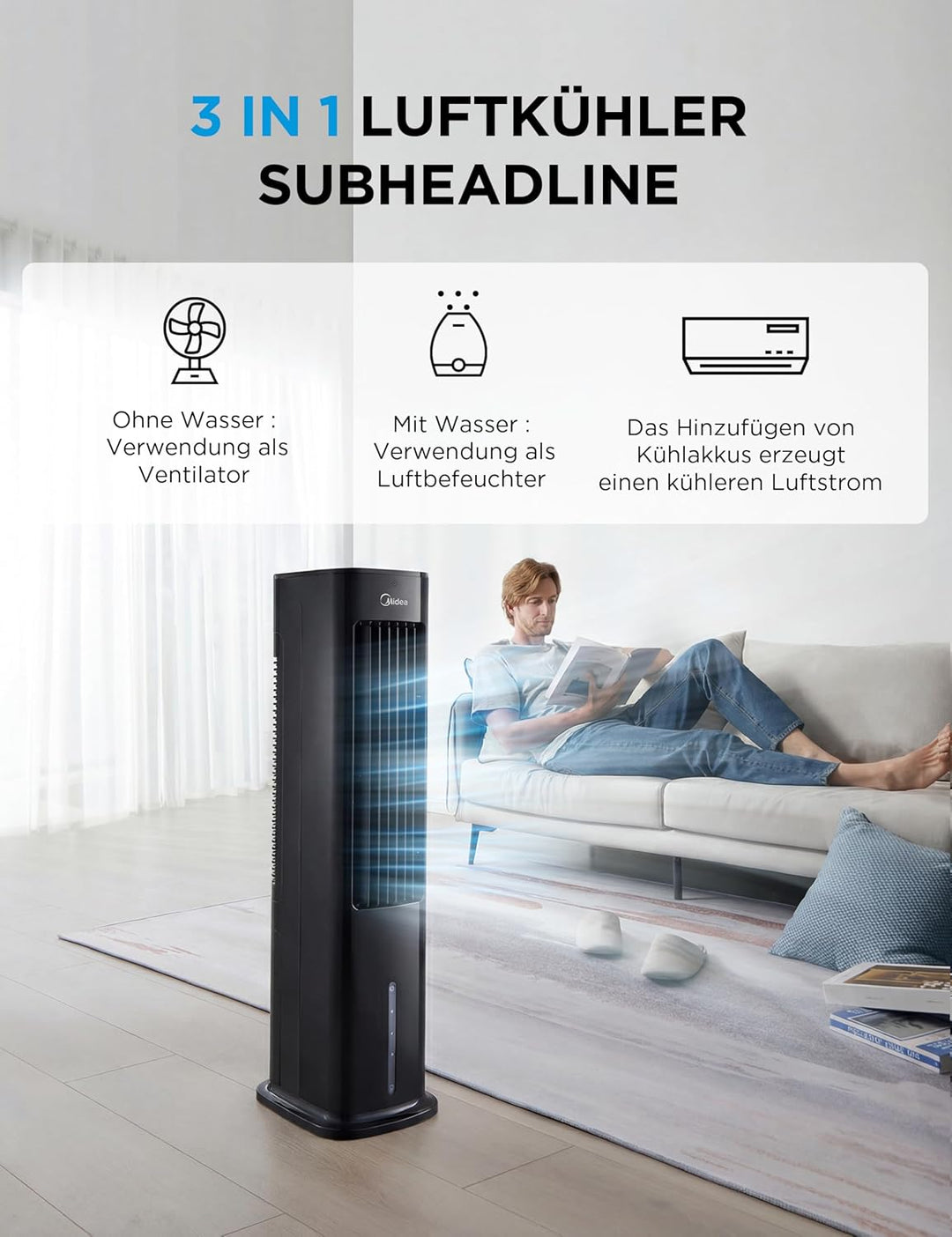 Midea Silent Air Cooler Pro 4-in-1 Mobile Klimaanlage Leiser:Luftkühler,Turmgebläse,Luftbefeuchter u