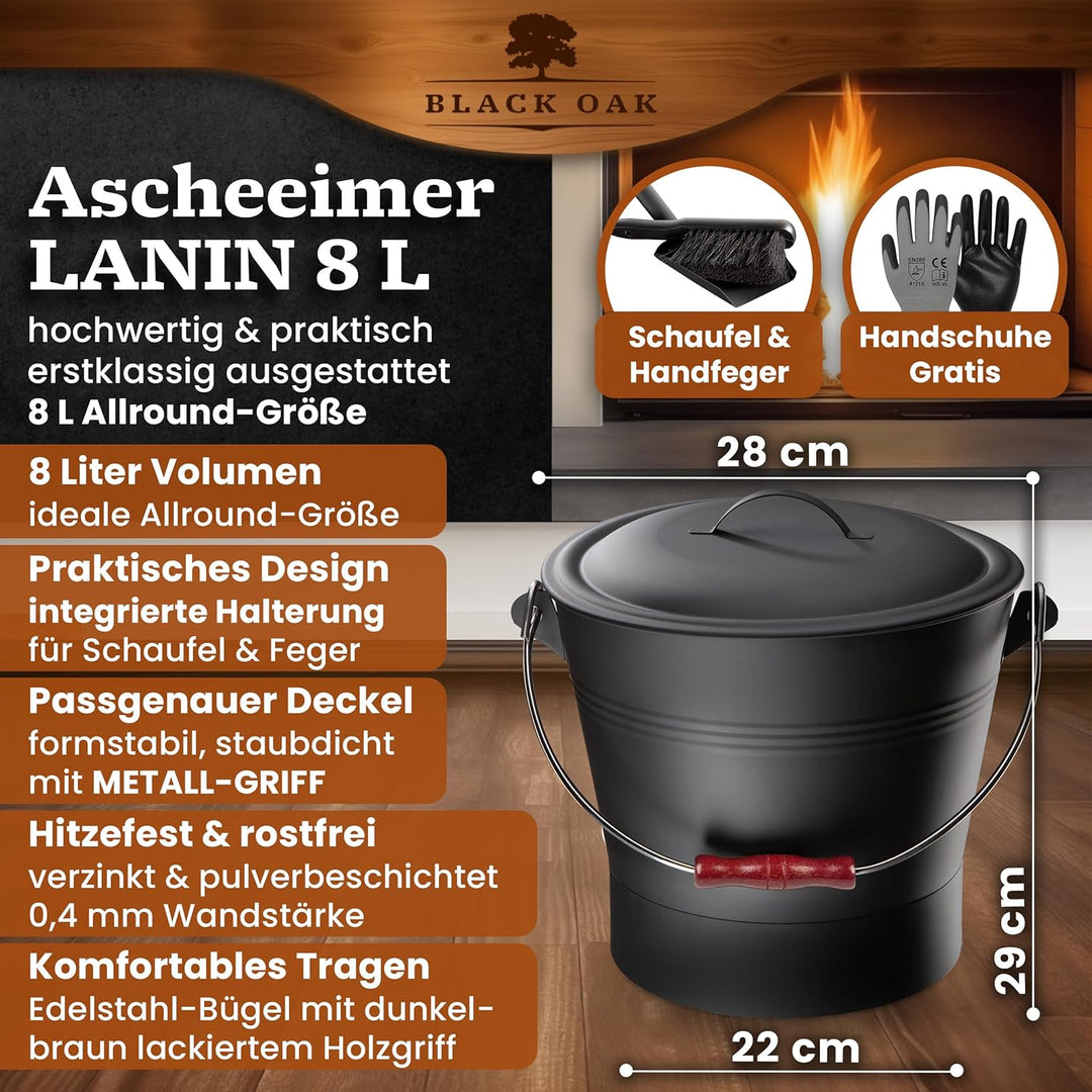 BLACK OAK Ascheeimer LANIN 8L - Asche-Eimer schwarz mit Deckel & Holz-Griff DUNKEL + Feger + Schaufe