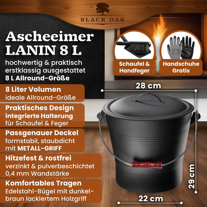 BLACK OAK Ascheeimer LANIN 8L - Asche-Eimer schwarz mit Deckel & Holz-Griff DUNKEL + Feger + Schaufe
