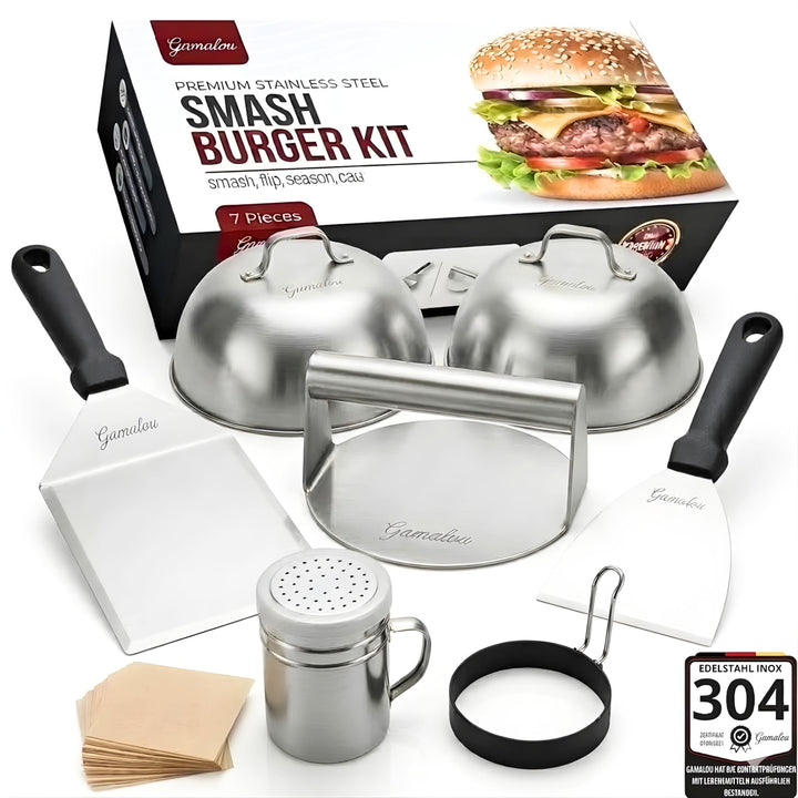 Smash Burgerpresse Edelstahl Set: Burger Smasher mit Grillspachtel 13 cm, Schaber 10 cm, 2 Burgerglo