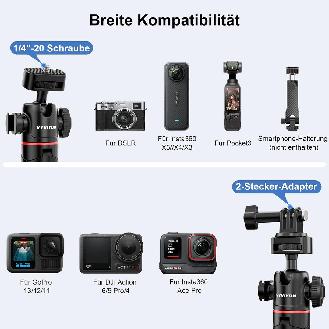 VYVYIYON Selfie Stick Stativ, Mini Stativ für GoPro/DJI/Insta 360 | Ausziehbares Mini Action-Kamera-