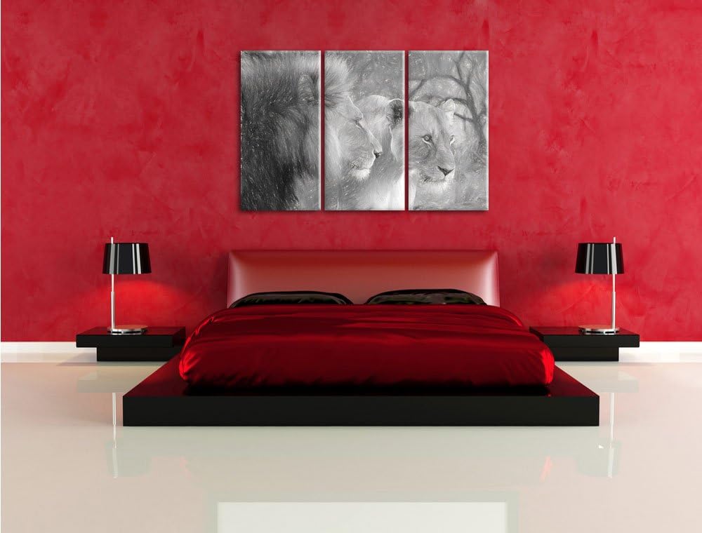 Pixxprint stolzes Löwenpaar Kunst als Leinwandbild | Grösse: 3 Teilig (120x80) | Wandbild| Kunstdruc