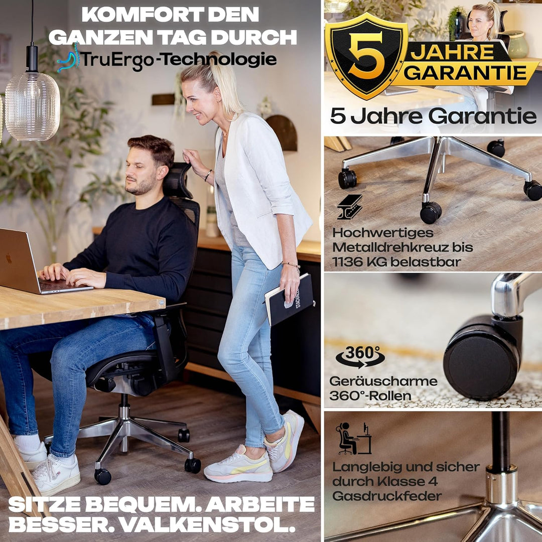 VALKENSTOL M6 Bürostuhl Ergonomisch - Auch für Grosse Menschen, Mesh-Sitz Ergonomischer Bürostuhl Ch