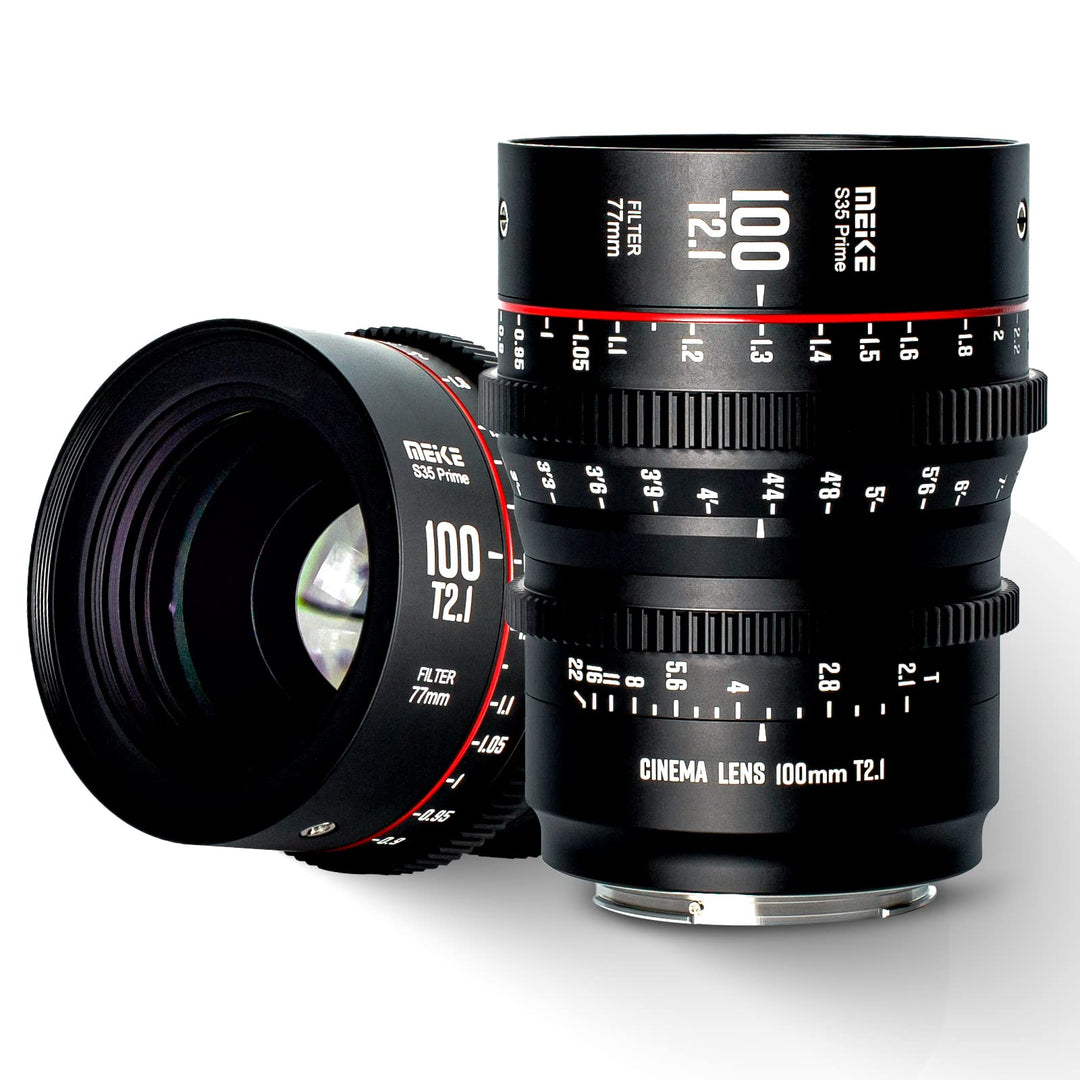 Meike 100 mm T2.1 S35 Weitwinkelobjektiv für Canon EF Mount und Cine Camcorder EOS C100 Mark II, EOS