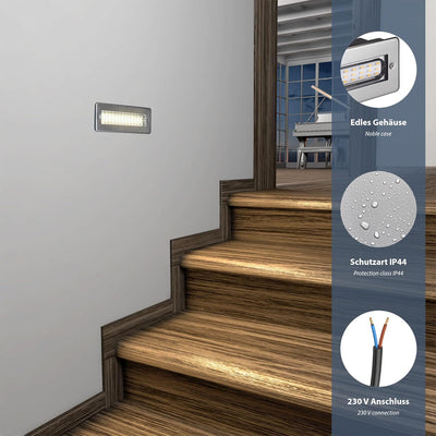 ledscom.de LED Treppenlicht/Treppen-Leuchte für innen und aussen, eckig, edelstahl, 198 x 61mm, 2,2