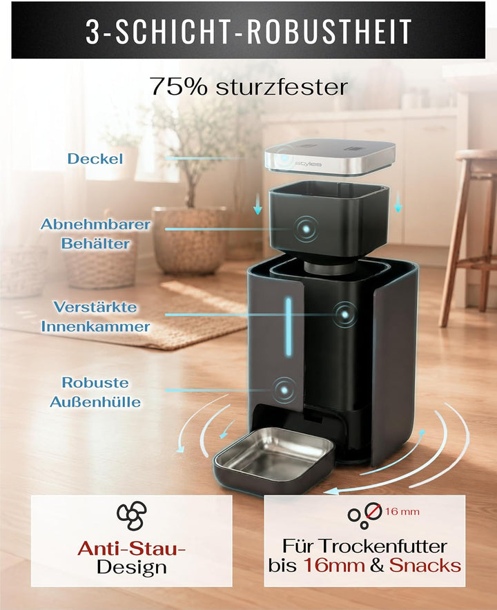 Futterautomat Katze 4,5L mit WiFi & App, Katzenfutter Automat für Trockenfutter, Edelstahlnapf, bis