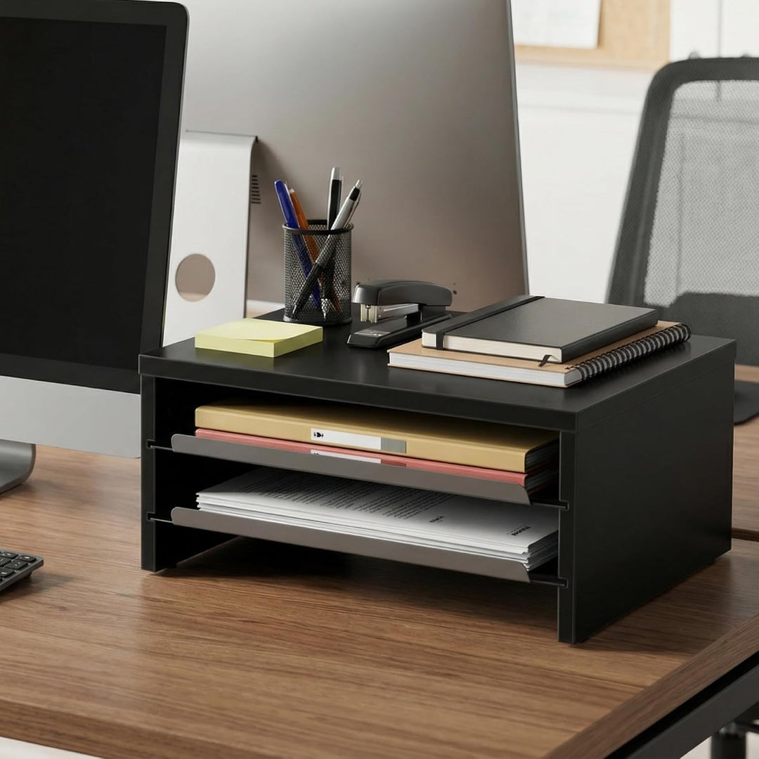 Fenge Monitorständer, Monitorerhöhung mit Ablage, Holz und Metall, Schreibtisch-Organizer für Zuhaus